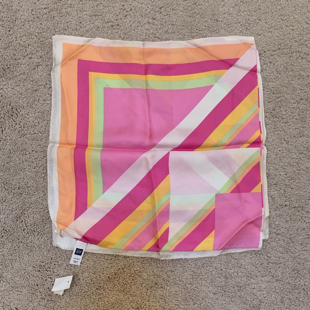 Gap Pink Orange White and Green Silk Scarf with Chevron/Stripe Pattern